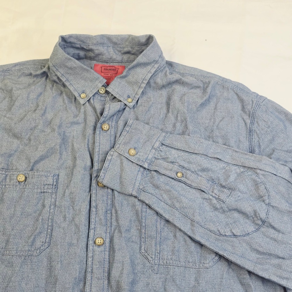 The Foundry Men 2XLT Button Down Shirt Blue Long Sleeve Cotton Textured Tall B17